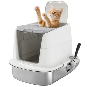 Caja de arena de acero inoxidable PawHut, bandeja cerrada de arena para gatos de metal con cuchara - Imagen 1 de 11