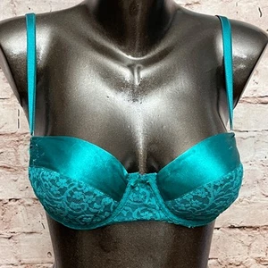 Vintage 34B Satin Lace Convertible Balconette Strapless Bra Teal Green USA-made - Picture 1 of 11