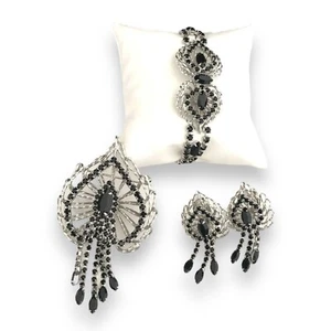 Vintage Schmuckset Ohrringe Pin Armband Schwarz Krappen Set Strass Kristall 4U - Bild 1 von 6