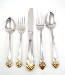 12 Sets of 5 Piece Place Setting Fortunoff FTU16GA - FTU16 Gold Accent Stainless - Picture 1 of 13