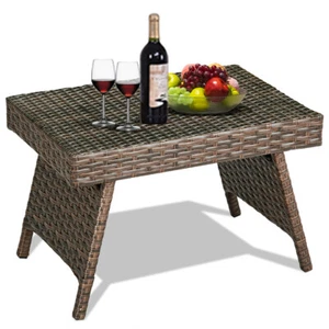 Patio Folding Wicker Side Coffee Table Poolside Garden Lawn Bistro Brown - Picture 1 of 6