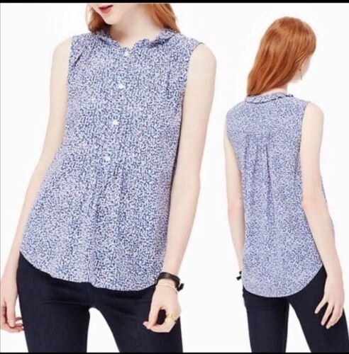 Kate Spade шелковый топ синий Ditsy цветочный без рукавов плиссированные вискозы XS - Изображение 1 из 4