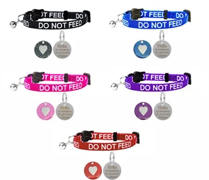 Do Not Feed Cat / Kitten Pet Collar Safety Buckle, Bell & Engraved Heart Tag - Picture 1 of 11