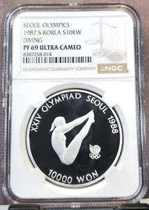 1987 SOUTH KOREA SILVER 10000 WON DIVING NGC PF 69 ULTRA CAMEO SCARCE GEM PROOF - Picture 1 of 3