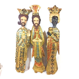 Vintage Xmas Three Wisemen Wood Carving Wall Art Set Hand Painted Mexico Gilt - Picture 1 of 11