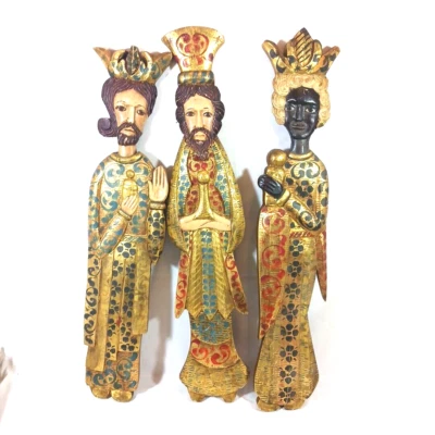 Vintage Xmas Three Wisemen Wood Carving Wall Art Set Hand Painted Mexico Gilt - Image 1 of 4