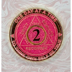 2 Year Alcoholics Anonymous Medallion Pink Gold Plated AA Sobriety Chip Coin - Picture 1 of 6