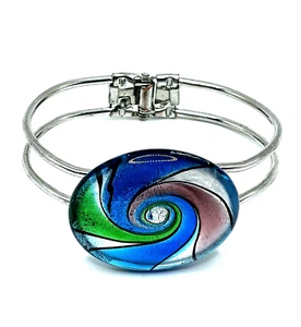 Vintage Dichroic Art Glass Bracelet Bohemian Futuristic Silver Clamper Hinge 90s - Picture 1 of 10