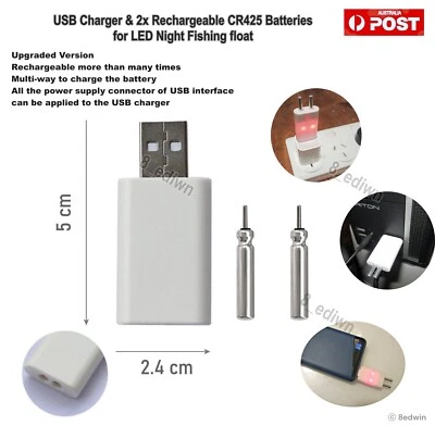 A USB Charger + 2x Rechargeable CR425 Batteries for LED Night Fishing float – A1 - image 1 of 4