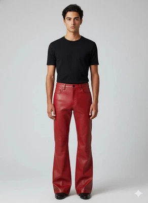 Pantalón rojo oscuro de piel de cordero para hombre puro cuero genuino de motociclista elegante ajuste informal Foto 1 de 4