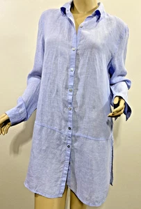 Tahari 100% Linen Blue Button up Shirt Blouse Tunic Top Coastal Beach Coverup M - Picture 1 of 15