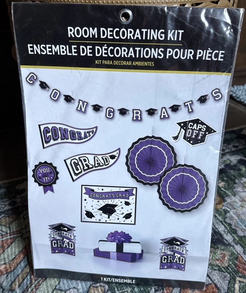 Purple Congrats Grad 10 Pc Room Decorating Kit School Spirit Graduation New  - Image 1 of 4