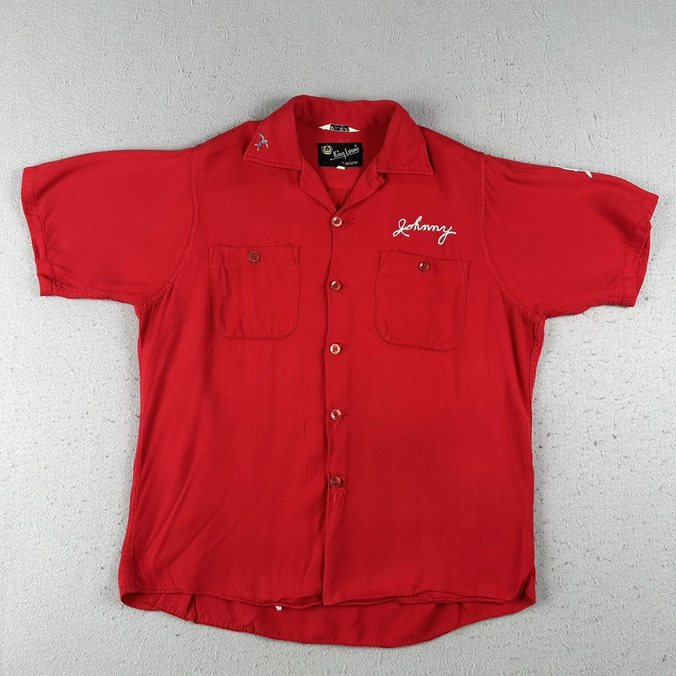 Vtg 50s King Louie Bowling Shirt Men’s Medium Red Loop Collar Chain Stitch - Image 1 of 4