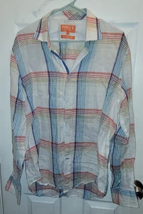 INSERCH Mens Long Sleeve Multi Color Plaid Shirt 100% Linen - Size L - Picture 1 of 11