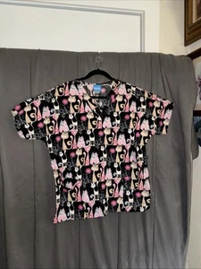 Women's S HQ Scrub Top black pink cats short sleeve Nurse Medical 42” Chest - Picture 1 of 14