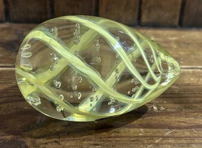VTG Art Glass Egg Shaped Italy Murano Sticker Paperweight Yellow Bubble Swirl - Image 1 of 4