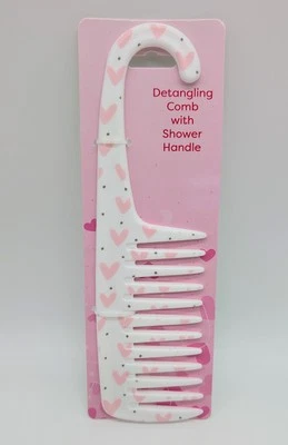Peine desenredante de plástico de dientes anchos con manija de puerta de ducha blanco rosa corazones adolescente Foto 1 de 2