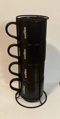 Conjunto de canecas Signature Coffee Break 4 empilháveis 12 oz grés branco 12" H rack preto - Imagem 1 de 4