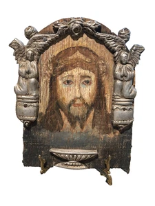 FRÜHE handbemalte Holz Plakette JESUS Krone Metall Engel Bordüre mexikanische Volkskunst - Bild 1 von 11