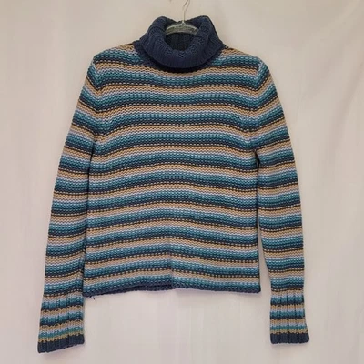 VTG 2001 Gap Wool Blend  Blue Stripe Chunky Knit Turtleneck Sweater Y2K Wmn's L - Image 1 of 4