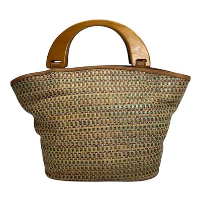 Bolso de Mano Bolso sin asas vintage de paja tejido FOSSIL años 00 asas de madera multicolor Foto 1 de 4