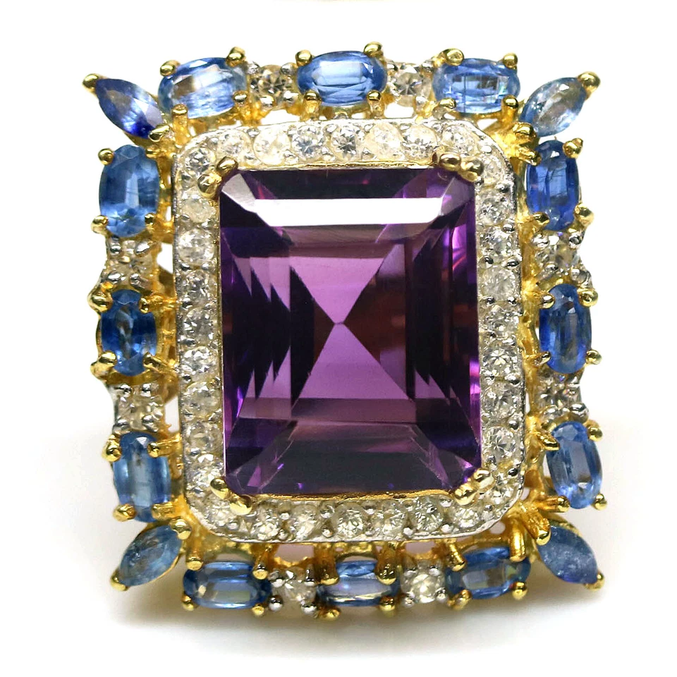 Anillo de plata 925 con piedras preciosas de amatista, cianita, zafiro y circón talla 9,5 Foto 1 de 4