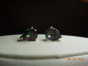 STERLING SILVER 925 NYC SIGNED TEARDROP MYSTIC FIRE STUD EARRINGS 1 CT EACH - Picture 1 of 10