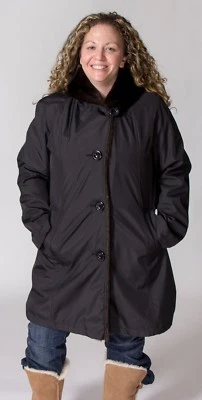 Gallery Black Hooded Poly Raincoat w/ Faux Mink Trim and Sheared Faux Fur Liner - Image 1 of 3