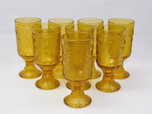 American Concord Amber Glass Brockway Daisy Footed Goblet 6.25" Set of 8 - Picture 1 of 8