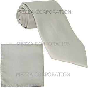 New formal men's necktie & hankie set solid color polyester party prom silver - Picture 1 of 3