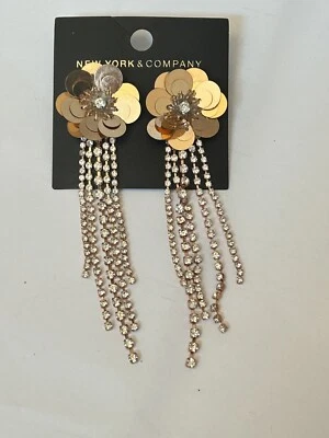 NWOT New York & Company Flowers Rhinestone Beaded Tassel Drop Earrings Gold - Image 1 of 4