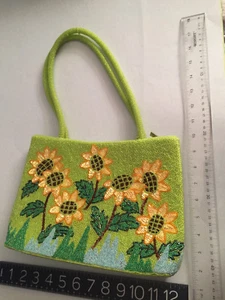 MINT fully BEADED sun flowers SHOULDER BAG w/silk lining/zip inter AMAZING new - Picture 1 of 11