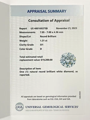 EGL USA Graded Natural 1.31ct Round Brilliant Cut SI1 D Color Loose Diamond - Image 1 of 4