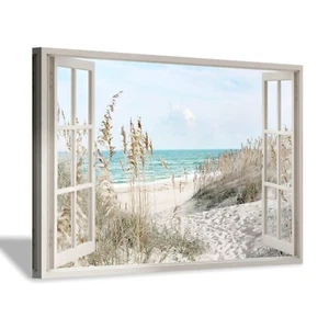 Coastal Picture Beach Wall Art: Beach Theme Artwork Window Seascape Canvas Pr... - Picture 1 of 7