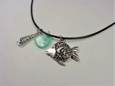 COLLAR CORDÓN CUERO NEGRO CONCHA DE PEZ ÁNGEL TONO PLATA NÁUTICO MODA PLAYA Foto 1 de 4