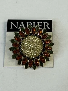 NAPIER Vtg Big Sunflower Leaf Brooch Pin Gold Tone Orange Clear Rhinestones NEW - Picture 1 of 8