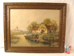 Antique Francis Van Vreeland Dutch River Cottage Landscape W/C Painting