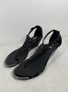 Alex Marie Women’s Black Sandals With Rhinestone Beaded Artisan Wedge Sz 8.5M - Picture 1 of 14