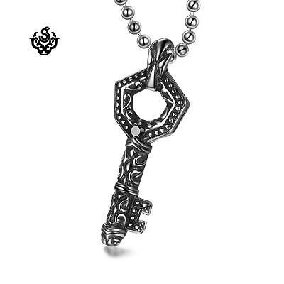 Silver pendant black crystal treasure key stainless steel ball chain necklace Foto 1 de 3