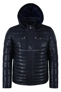 Men's Puffer Hooded Leather Sport Jacket Navy 100% Lambskin Fully Quilted 2006 - Picture 1 of 10