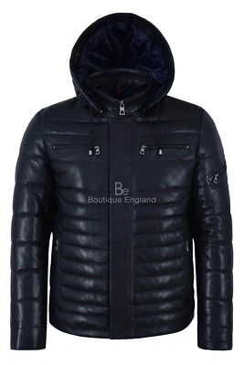 Men's Puffer Hooded Leather Sport Jacket Navy 100% Lambskin Fully Quilted 2006 - Image 1 of 4