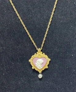 Vintage Necklace Precious Moments Porcelain Heart Girl Cameo Romantic Pink 20” - Picture 1 of 5