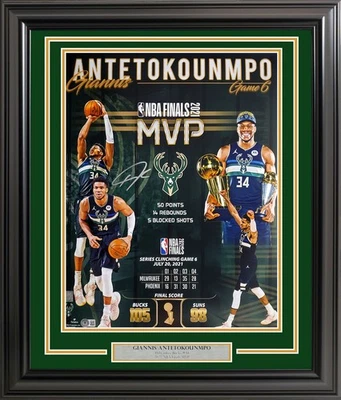 Giannis Antetokounmpo Auto Framed 16x20 Photo Bucks 2021 Finals MVP Collage BAS - Image 1 of 4