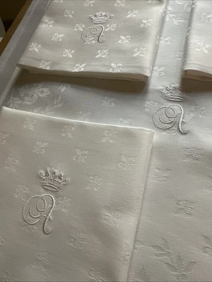 6 Serviettes Fleurs De Lys Coton 55x55 Broderie À Sous Couronne De Marquis - Photo 1/4