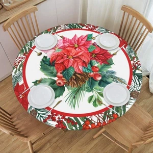 Christmas Holly Tablecloths Round Tablecloth Fitted Elastic Table Cover Washa... - Picture 1 of 9