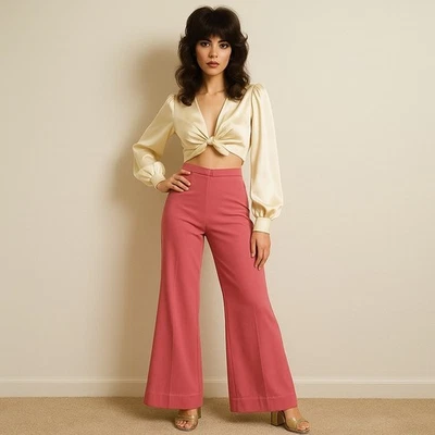Calça Palazzo Vintage Anos 70 Sears theGathering 26x27 Rosa Cintura Alta Perna Larga EUA - Imagem 1 de 4