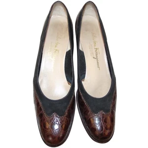 Salvatore Ferragamo Boutique Pumps 8,5 A schwarz Wildleder braun Krokoprägung Italien - Bild 1 von 11