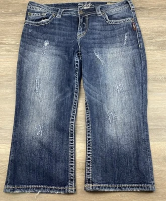 Silver Suki Mid Capri Jeans Womens 16 Blue Thick Stitch Embroidered Pockets - Image 1 of 4