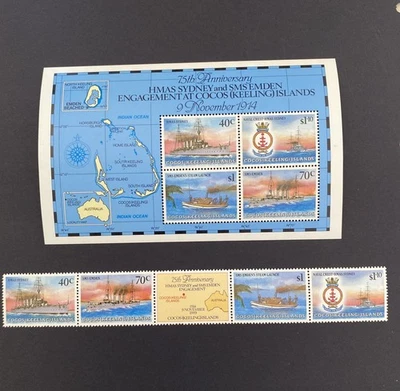 Juego de estampillas Cocos (Keeling) Islands 1989 75th Ann'y HMAS Sydney & Emden + MS MNH Foto 1 de 3