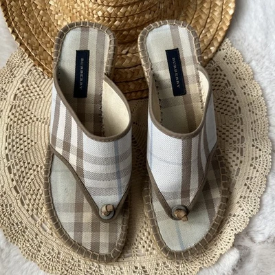 Burberry Beige Nova Check Canvas Espadrille Thong Wedge Sandals Womens Size 37  - Image 1 of 4